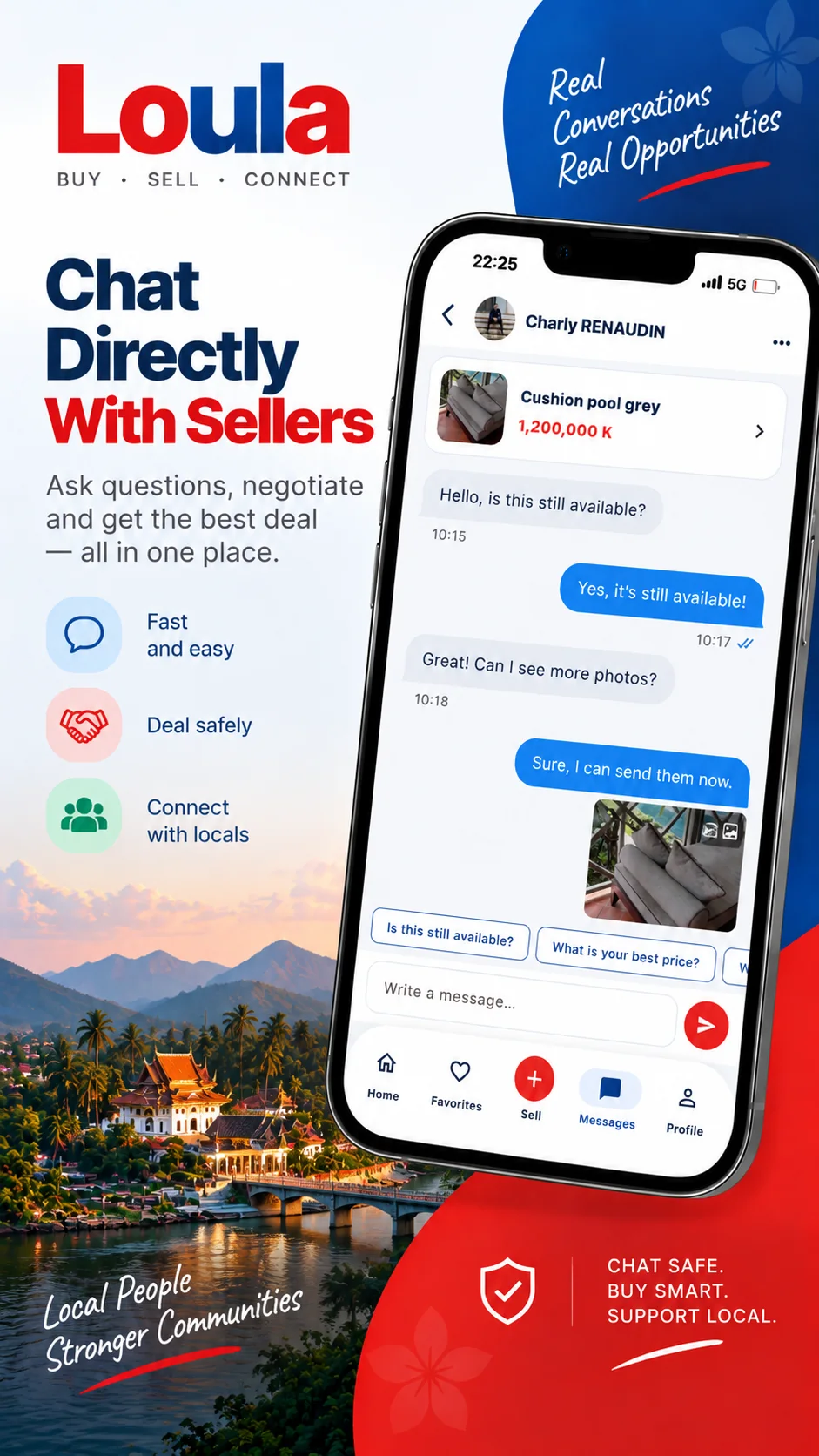Loula direct message conversation between a buyer and seller about a local listing