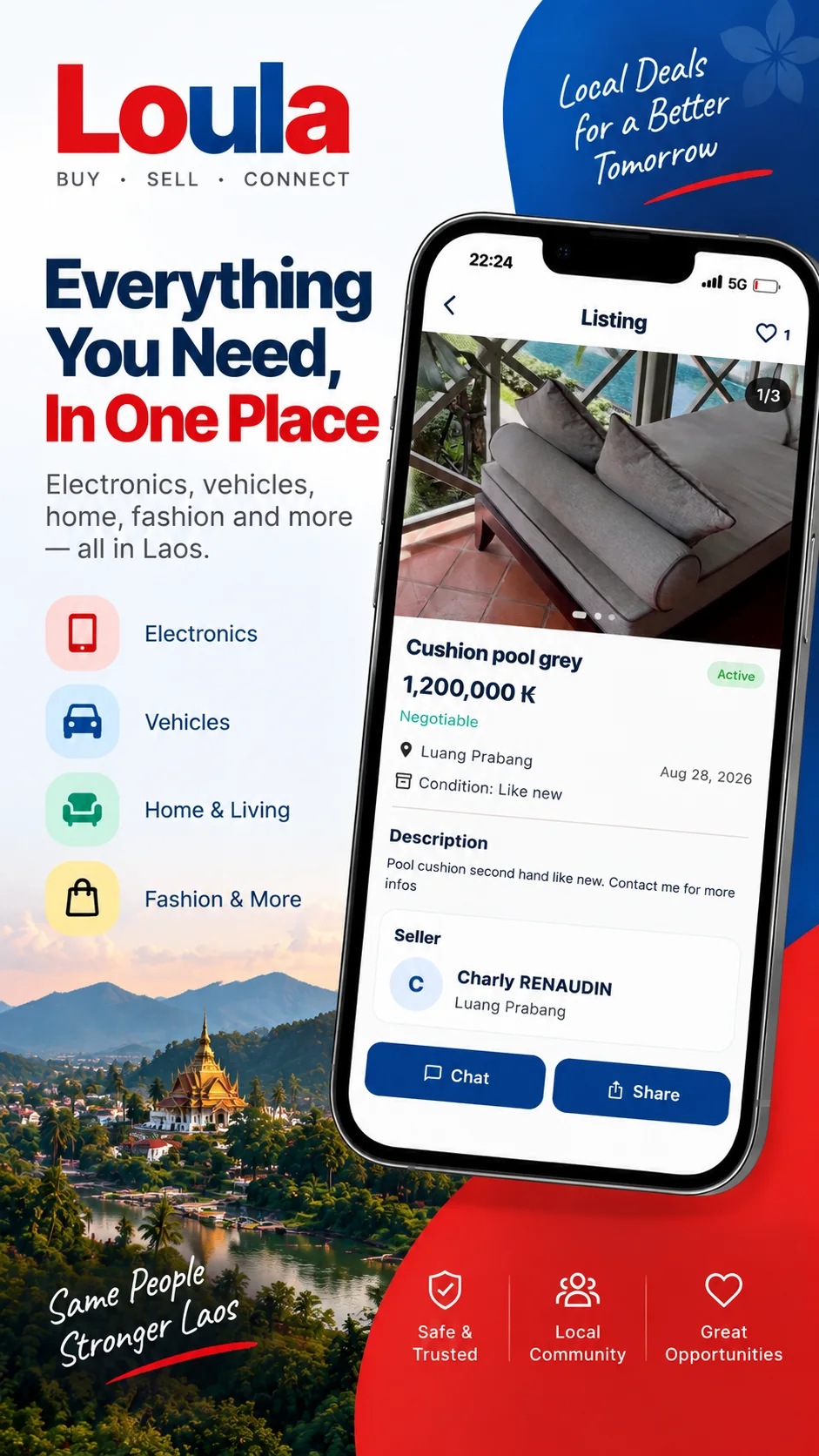 Loula listing detail screen with photos, price, location, seller, chat, and share actions