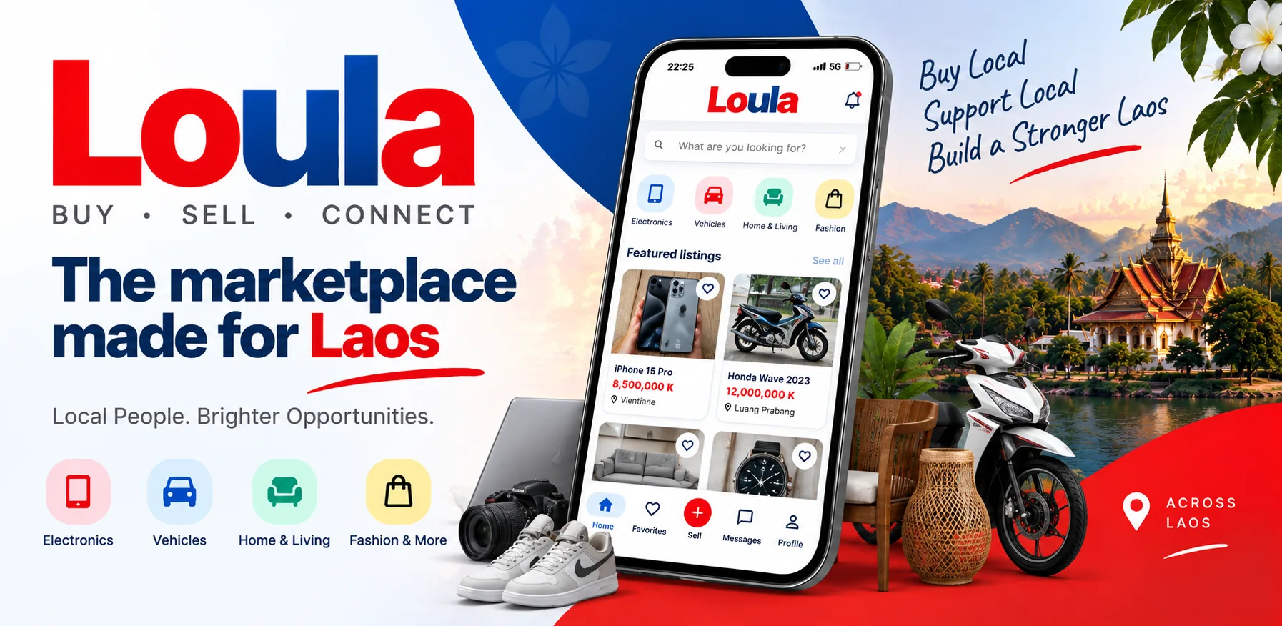 Loula marketplace home screen with local listings, categories, and a Laos landscape