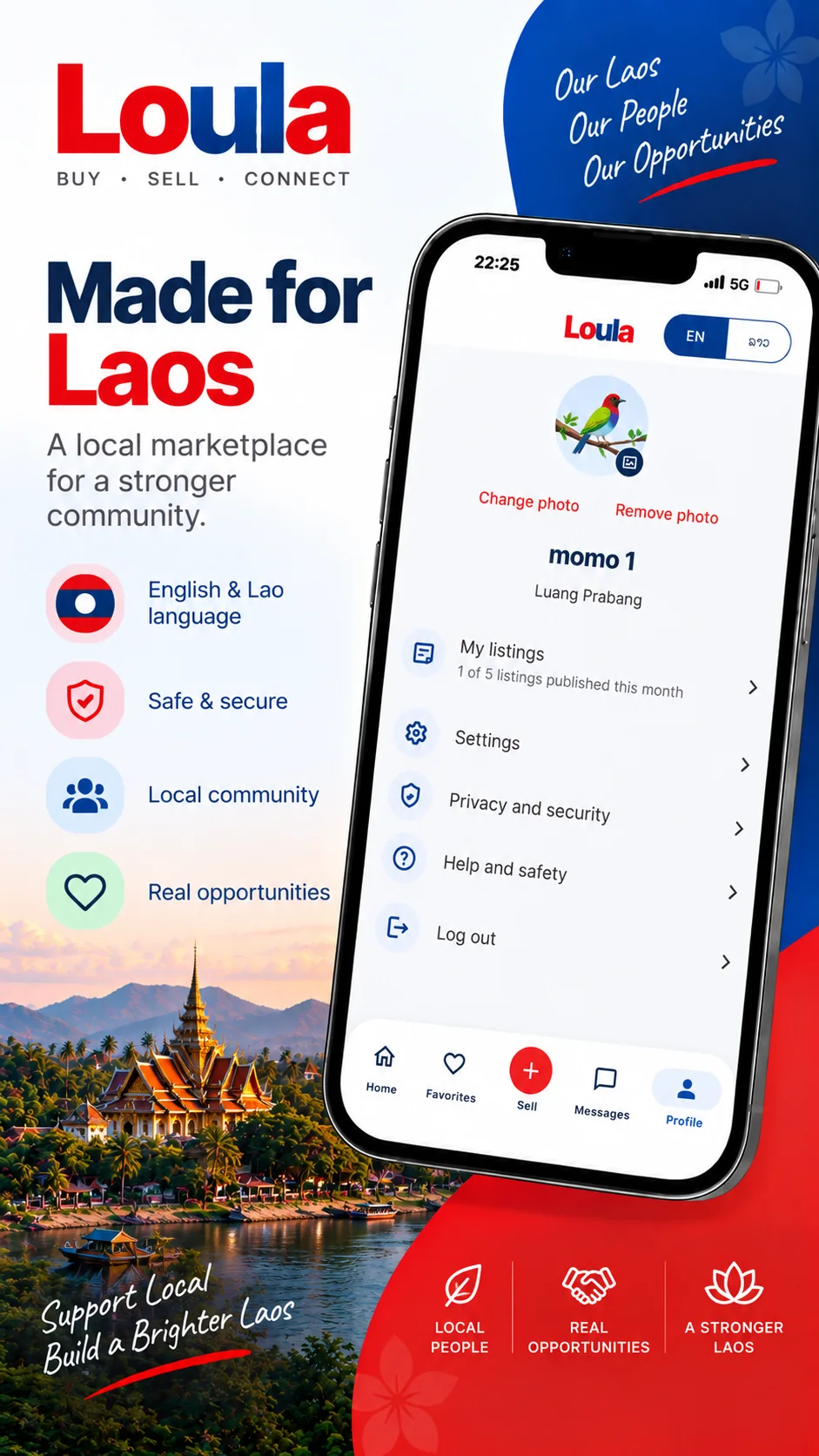 Loula profile screen with English and Lao language options and account settings