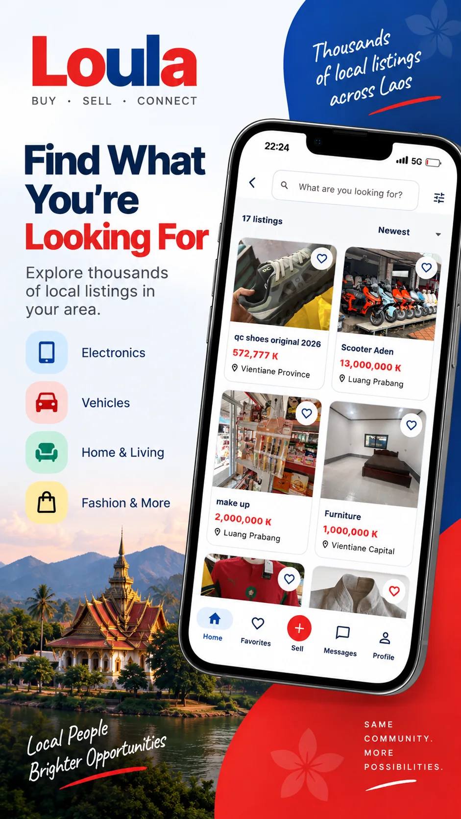 Loula search results showing local shoes, scooters, home items, and prices